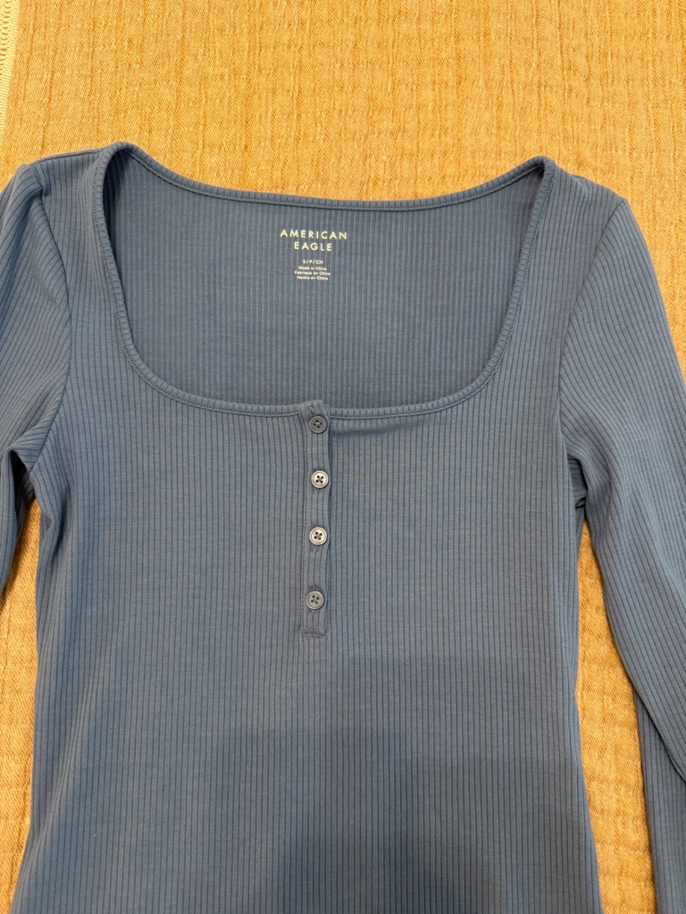 American Eagle Outfitters Blue Ribbed Long-Sleeve Henley Bodysuit - Picture 3 of 6